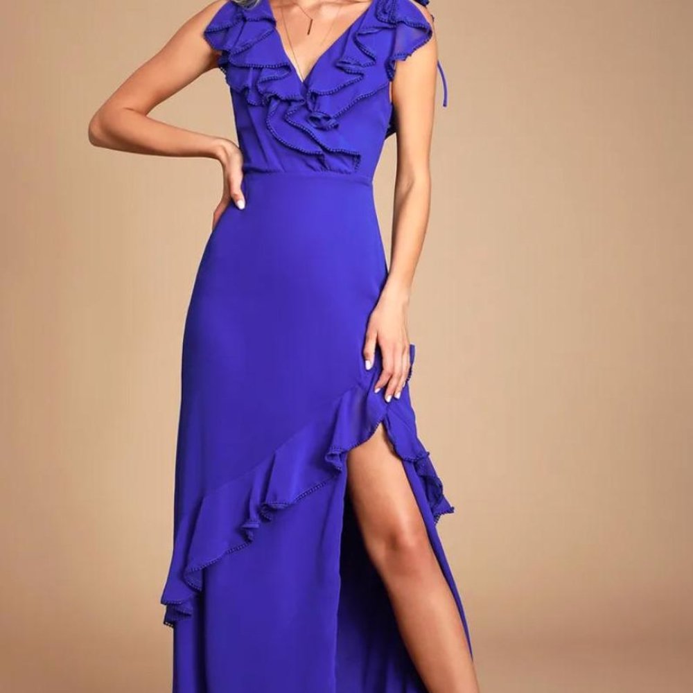 Lulus Love From Above Royal Blue Ruffled Surplice Maxi Dress, Size Medium